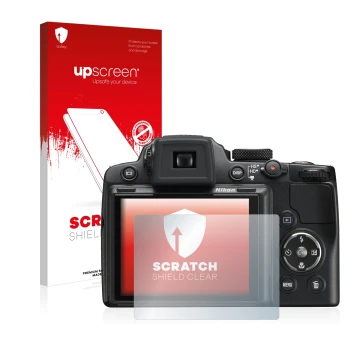 Vorderseite einer Produktverpackung mit dem Markenlogo upscreen. Daneben ist das Gerät Nikon Coolpix P500 mit dem zugehörigen 