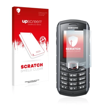 Vorderseite einer Produktverpackung mit dem Markenlogo upscreen. Daneben ist das Gerät Samsung GT-B2710 mit dem zugehörigen Di