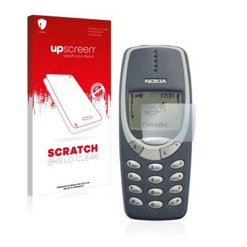 Vorderseite einer Produktverpackung mit dem Markenlogo upscreen. Daneben ist das Gerät Nokia 3310 2011 mit dem zugehörigen Dis