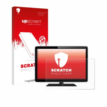 Vorderseite einer Produktverpackung mit dem Markenlogo upscreen. Daneben ist das Gerät mit dem zugehörigen Displayschutz abgeb