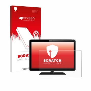 Vorderseite einer Produktverpackung mit dem Markenlogo upscreen. Daneben ist das Gerät mit dem zugehörigen Displayschutz abgeb