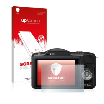 Vorderseite einer Produktverpackung mit dem Markenlogo upscreen. Daneben ist das Gerät Panasonic Lumix DMC-GF3 mit dem zugehör