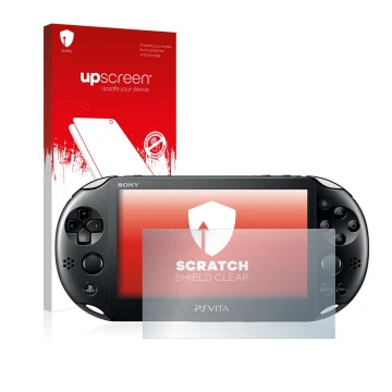 Vorderseite einer Produktverpackung mit dem Markenlogo upscreen. Daneben ist das Gerät Sony Playstation Vita mit dem zugehörig