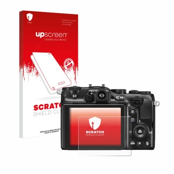 Vorderseite einer Produktverpackung mit dem Markenlogo upscreen. Daneben ist das Gerät Nikon Coolpix P7100 mit dem zugehörigen