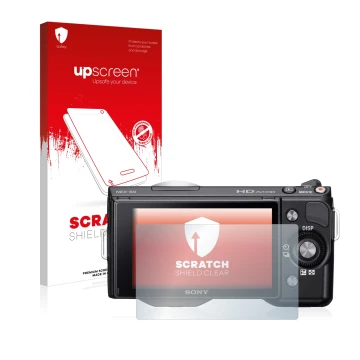 Vorderseite einer Produktverpackung mit dem Markenlogo upscreen. Daneben ist das Gerät Sony Alpha NEX-5N mit dem zugehörigen D