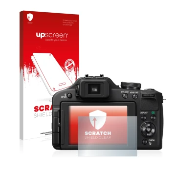 Vorderseite einer Produktverpackung mit dem Markenlogo upscreen. Daneben ist das Gerät Panasonic Lumix DMC-FZ150 mit dem zugeh
