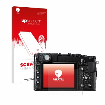 Vorderseite einer Produktverpackung mit dem Markenlogo upscreen. Daneben ist das Gerät Fujifilm FinePix X10 mit dem zugehörige