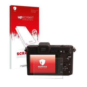 Vorderseite einer Produktverpackung mit dem Markenlogo upscreen. Daneben ist das Gerät Nikon 1 V1 mit dem zugehörigen Displays