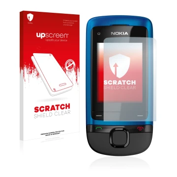 Vorderseite einer Produktverpackung mit dem Markenlogo upscreen. Daneben ist das Gerät Nokia C2-05 mit dem zugehörigen Display