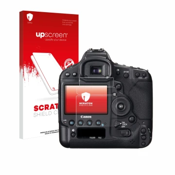 Vorderseite einer Produktverpackung mit dem Markenlogo upscreen. Daneben ist das Gerät Canon EOS 1D X mit dem zugehörigen Disp