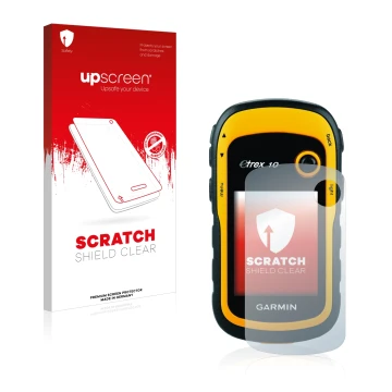 Vorderseite einer Produktverpackung mit dem Markenlogo upscreen. Daneben ist das Gerät Garmin eTrex 10 mit dem zugehörigen Dis