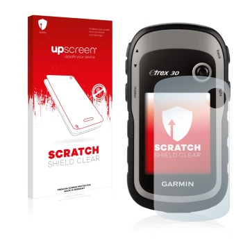 Vorderseite einer Produktverpackung mit dem Markenlogo upscreen. Daneben ist das Gerät Garmin eTrex 30 mit dem zugehörigen Dis