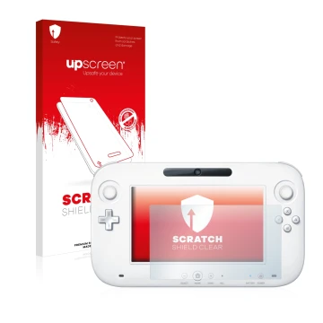 Vorderseite einer Produktverpackung mit dem Markenlogo upscreen. Daneben ist das Gerät Nintendo Wii U GamePad (Controller) mit