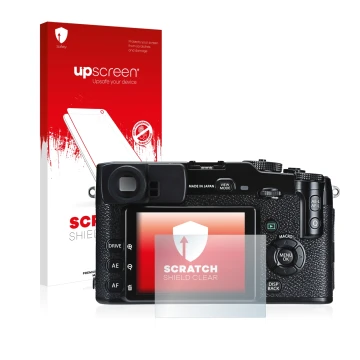 Vorderseite einer Produktverpackung mit dem Markenlogo upscreen. Daneben ist das Gerät Fujifilm X-Pro1 mit dem zugehörigen Dis