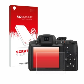 Vorderseite einer Produktverpackung mit dem Markenlogo upscreen. Daneben ist das Gerät Nikon Coolpix P510 mit dem zugehörigen 