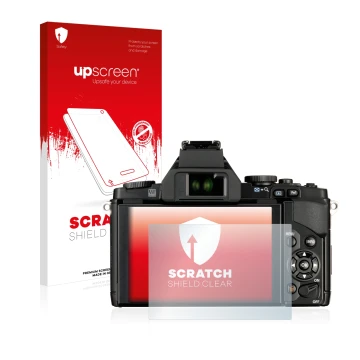 Vorderseite einer Produktverpackung mit dem Markenlogo upscreen. Daneben ist das Gerät Olympus OM-D E-M5 mit dem zugehörigen D