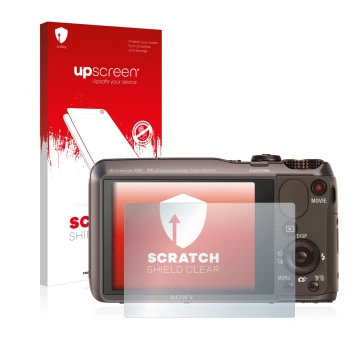 Vorderseite einer Produktverpackung mit dem Markenlogo upscreen. Daneben ist das Gerät Sony Cyber-Shot DSC-HX20V mit dem zugeh