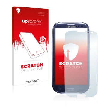 Vorderseite einer Produktverpackung mit dem Markenlogo upscreen. Daneben ist das Gerät Samsung Galaxy S3 I9300 mit dem zugehör