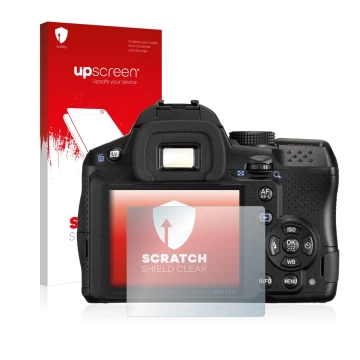 Vorderseite einer Produktverpackung mit dem Markenlogo upscreen. Daneben ist das Gerät Pentax K-30 mit dem zugehörigen Display