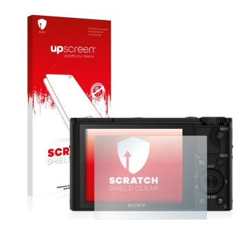 Vorderseite einer Produktverpackung mit dem Markenlogo upscreen. Daneben ist das Gerät Sony Cyber-Shot DSC-RX100 mit dem zugeh