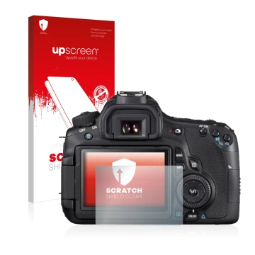 Vorderseite einer Produktverpackung mit dem Markenlogo upscreen. Daneben ist das Gerät Canon EOS 650D mit dem zugehörigen Disp