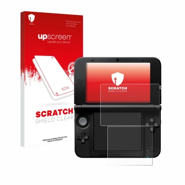 Vorderseite einer Produktverpackung mit dem Markenlogo upscreen. Daneben ist das Gerät Nintendo 3DS XL SPM7800 mit dem zugehör