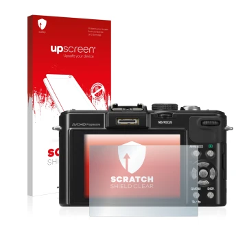 Vorderseite einer Produktverpackung mit dem Markenlogo upscreen. Daneben ist das Gerät Panasonic Lumix DMC-LX7 mit dem zugehör
