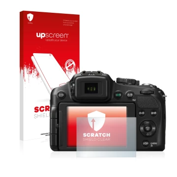 Vorderseite einer Produktverpackung mit dem Markenlogo upscreen. Daneben ist das Gerät Panasonic Lumix DMC-FZ200 mit dem zugeh