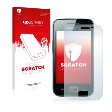 Vorderseite einer Produktverpackung mit dem Markenlogo upscreen. Daneben ist das Gerät Samsung Galaxy Ace S5830i mit dem zugeh
