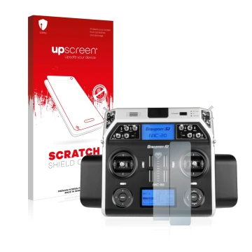 Vorderseite einer Produktverpackung mit dem Markenlogo upscreen. Daneben ist das Gerät Graupner MC-20 HoTT mit dem zugehörigen