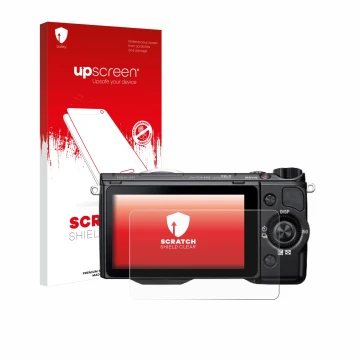 Vorderseite einer Produktverpackung mit dem Markenlogo upscreen. Daneben ist das Gerät Sony Alpha NEX-5R mit dem zugehörigen D