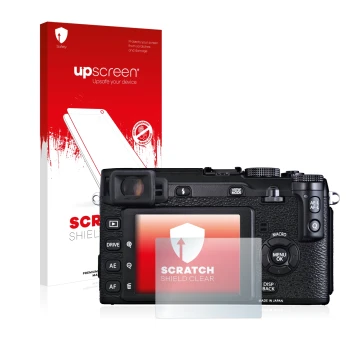 Vorderseite einer Produktverpackung mit dem Markenlogo upscreen. Daneben ist das Gerät Fujifilm X-E1 mit dem zugehörigen Displ