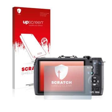 Vorderseite einer Produktverpackung mit dem Markenlogo upscreen. Daneben ist das Gerät Pentax Q10 mit dem zugehörigen Displays