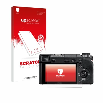 Vorderseite einer Produktverpackung mit dem Markenlogo upscreen. Daneben ist das Gerät Sony Alpha NEX-6 mit dem zugehörigen Di