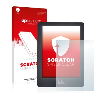 Vorderseite einer Produktverpackung mit dem Markenlogo upscreen. Daneben ist das Gerät Kobo Glo mit dem zugehörigen Displaysch