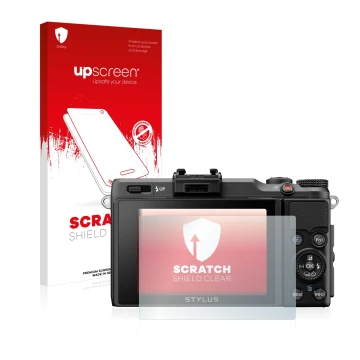 Vorderseite einer Produktverpackung mit dem Markenlogo upscreen. Daneben ist das Gerät Olympus Stylus XZ-2 mit dem zugehörigen