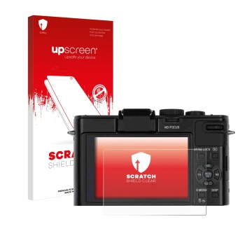 Vorderseite einer Produktverpackung mit dem Markenlogo upscreen. Daneben ist das Gerät Leica D-Lux 6 mit dem zugehörigen Displ