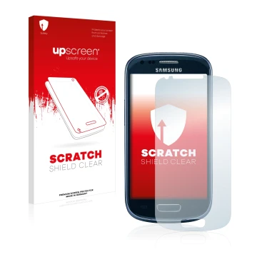 Vorderseite einer Produktverpackung mit dem Markenlogo upscreen. Daneben ist das Gerät Samsung Galaxy S3 Mini I8190 mit dem zu