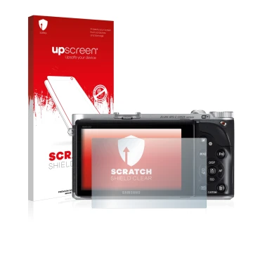 Vorderseite einer Produktverpackung mit dem Markenlogo upscreen. Daneben ist das Gerät Samsung NX300 mit dem zugehörigen Displ