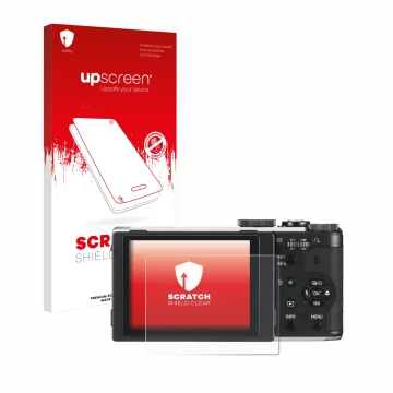 Vorderseite einer Produktverpackung mit dem Markenlogo upscreen. Daneben ist das Gerät Pentax MX-1 mit dem zugehörigen Display