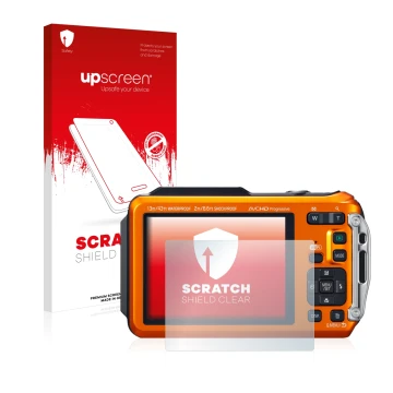 Vorderseite einer Produktverpackung mit dem Markenlogo upscreen. Daneben ist das Gerät Panasonic Lumix DMC-FT5 mit dem zugehör