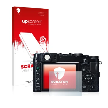 Vorderseite einer Produktverpackung mit dem Markenlogo upscreen. Daneben ist das Gerät Fujifilm X20 mit dem zugehörigen Displa