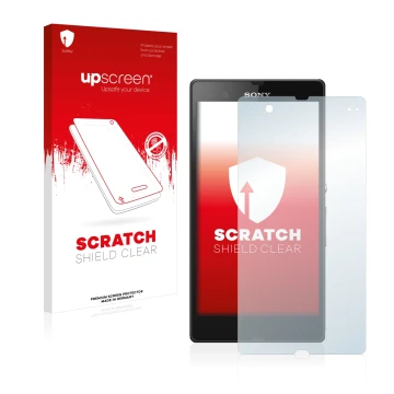 Vorderseite einer Produktverpackung mit dem Markenlogo upscreen. Daneben ist das Gerät Sony Xperia Z C6602 C6603 mit dem zugeh