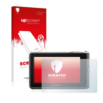 Vorderseite einer Produktverpackung mit dem Markenlogo upscreen. Daneben ist das Gerät Sony Cyber-Shot DSC-TX30 mit dem zugehö