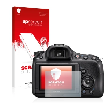 Vorderseite einer Produktverpackung mit dem Markenlogo upscreen. Daneben ist das Gerät Sony Alpha 58 (SLT-A58) mit dem zugehör