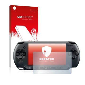 Vorderseite einer Produktverpackung mit dem Markenlogo upscreen. Daneben ist das Gerät Sony PSP 1004 mit dem zugehörigen Displ