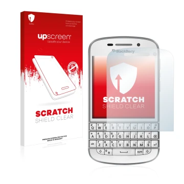 Vorderseite einer Produktverpackung mit dem Markenlogo upscreen. Daneben ist das Gerät BlackBerry Q10 mit dem zugehörigen Disp