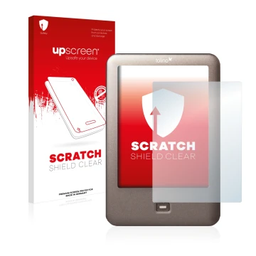 Vorderseite einer Produktverpackung mit dem Markenlogo upscreen. Daneben ist das Gerät Tolino Shine mit dem zugehörigen Displa