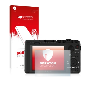 Vorderseite einer Produktverpackung mit dem Markenlogo upscreen. Daneben ist das Gerät Sony Cyber-Shot DSC-HX50V mit dem zugeh