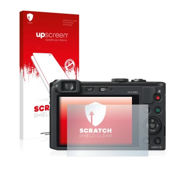 Vorderseite einer Produktverpackung mit dem Markenlogo upscreen. Daneben ist das Gerät Panasonic Lumix DMC-LF1 mit dem zugehör